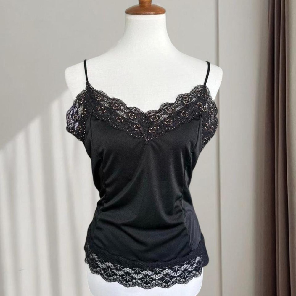 The Limited Womens Black Lace Trim Beaded Sequin Camisole Top Size L